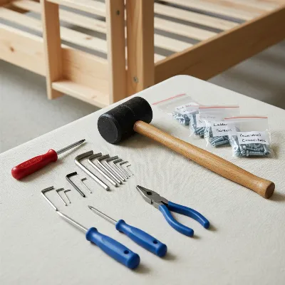 A set of wrenches, screwdrivers, and a rubber mallet laid out with protective gloves and labeled bags near a partially disassembled wooden bunk bed frame, ready for separation into twin beds.