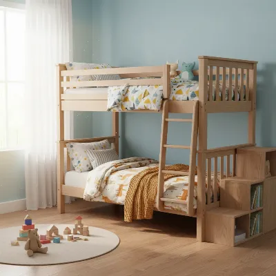 A comfortable and safe wooden bunk bed in a child's bedroom with soft bedding, featuring sturdy guardrails and a small ladder, bathed in natural light, in a realistic and inviting style.