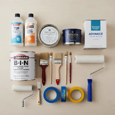 Essential materials for painting a wooden bunk bed without sanding, including cleaners, primers, and various paint types.