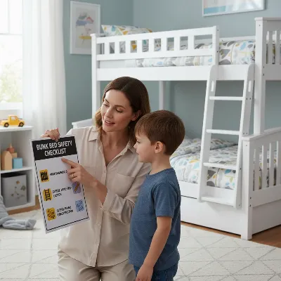 A parent points to a bunk bed safety checklist with a child, showing features like guardrails and sturdy ladder