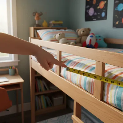 Child's hand pointing to bunk bed guardrail height above mattress, illustrating safety standard