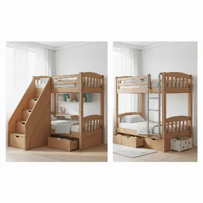 A side-by-side comparison of a bunk bed with stairs and a bunk bed with a ladder, highlighting safety and space differences.
