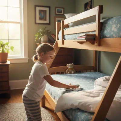 A child helping to clean a bunk bed mattress with a cloth, demonstrating maintenance.