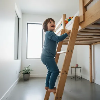 A young child, around 7 years old, confidently climbing the sturdy wooden ladder of a bunk bed in a brightly lit, modern bedroom