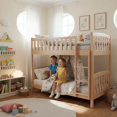 Children playing safely on a modern bunk bed with extra guard rails