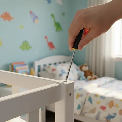 A parent inspecting the safety features of a bunk bed in a child's bedroom