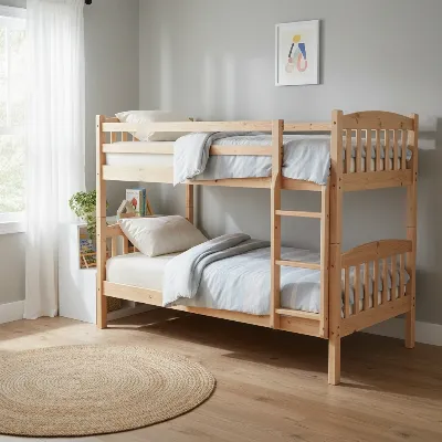 A classic wooden bunk bed in a children's room, showcasing its space-saving design with sturdy construction and a simple ladder.