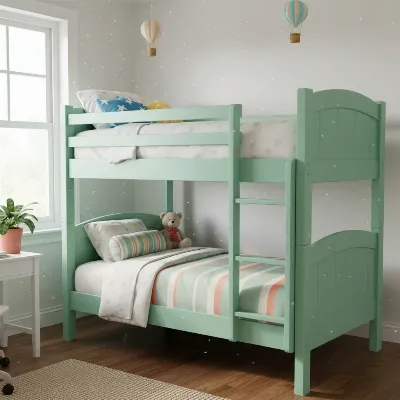 A freshly painted wooden bunk bed with a smooth, vibrant finish, achieved without sanding, placed in a child's bedroom.