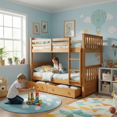 Children playing safely around a modern wooden bunk bed with integrated storage