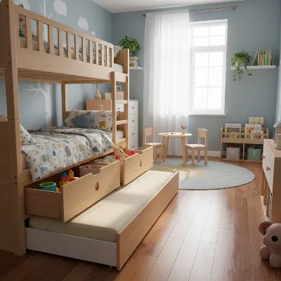 A vibrant children's room featuring a wooden bunk bed with integrated trundle and drawers