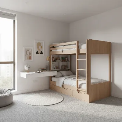 L-shaped bunk bed for a corner room with integrated desk and storage in a modern kids bedroom.