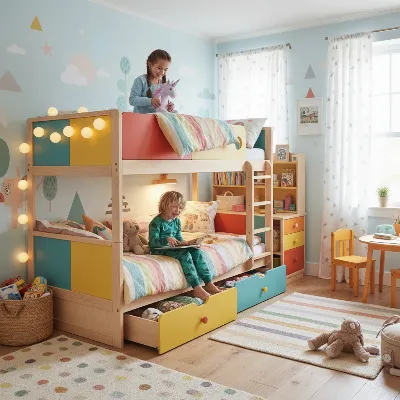 L-shaped bunk bed with built-in storage and desk for two children in a colorful room.