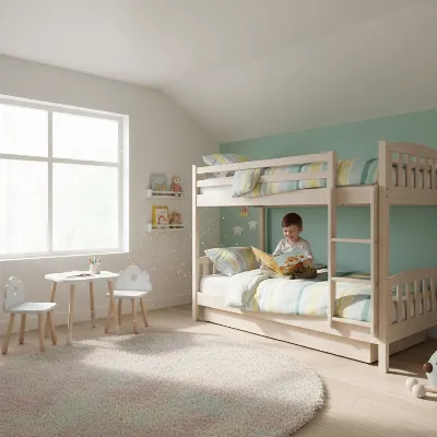 A low profile bunk bed in a child's bedroom with a low ceiling, featuring a cheerful design and ample headroom