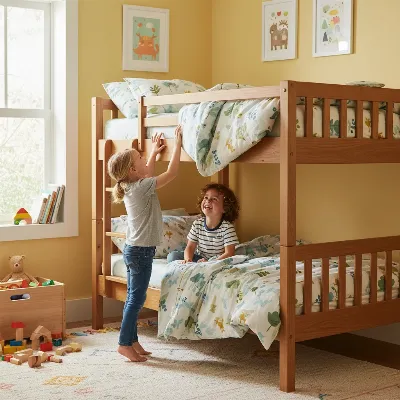 Two happy children interacting playfully around a Max & Lily solid wood bunk bed