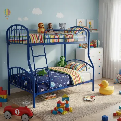 A vibrant blue metal twin-over-twin bunk bed in a child's bedroom with toys and colorful decor, seen from a slightly elevated angle with soft natural light.