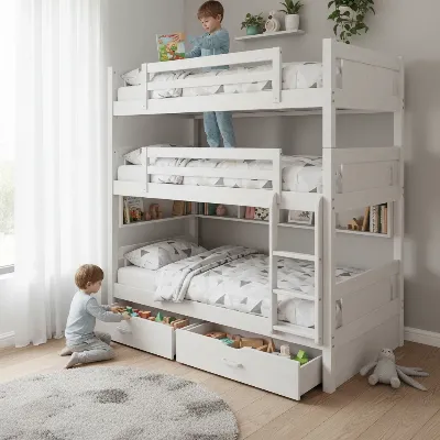 A well-organized modern bedroom featuring a stylish triple bunk bed with integrated storage, showcasing children neatly putting away books and toys. 