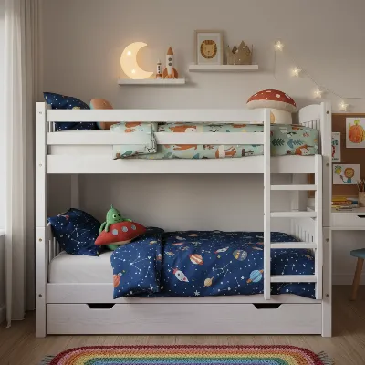 Customized Ikea Mydal pine bunk bed painted white with themed decor, viewed directly from the front, inviting and personalized bedroom setting, realistic style