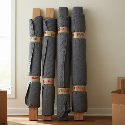 Moving blankets wrapped around disassembled bunk bed frame pieces for protection during transport