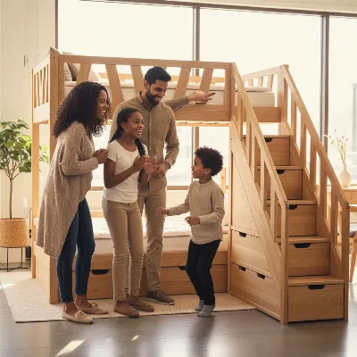 A family (parents and two children) thoughtfully examining a modern bunk bed with integrated stairs and storage drawers in a brightly lit furniture showroom.