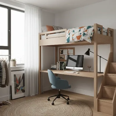 A modern wooden bunk bed with an integrated desk, tailored for a teenager's room, featuring clean lines, a comfortable mattress, and organized study space below.