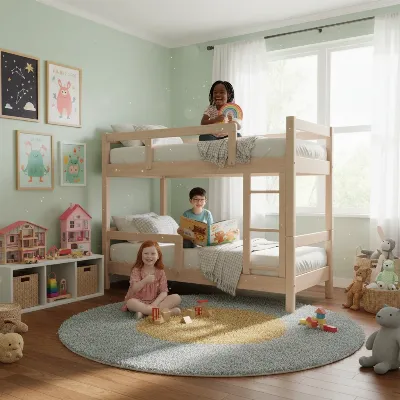 A vibrant children's room featuring a sturdy, modern triple bunk bed made of light wood, with three smiling kids on each level, surrounded by playful decor and ample space. 