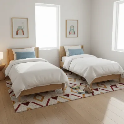 Two freshly separated twin beds in a bright, organized children's room, with simple bedding and a rug between them, showing a harmonious new layout.