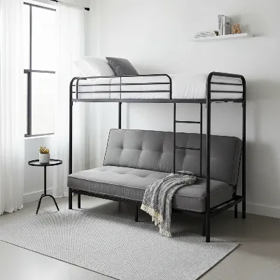 Sleek black metal twin-over-futon bunk bed in a modern urban guest room, minimalist design