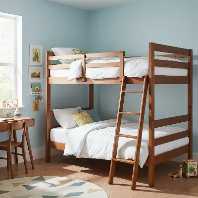 West Elm Mid-Century Bunk Bed showcasing its sturdy construction and integrated safety rails.