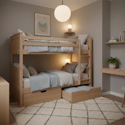 A compact bedroom with a light wood engineered twin-over-twin bunk bed featuring under-bed storage drawers, a small rug, and a minimalist design, warm lighting.